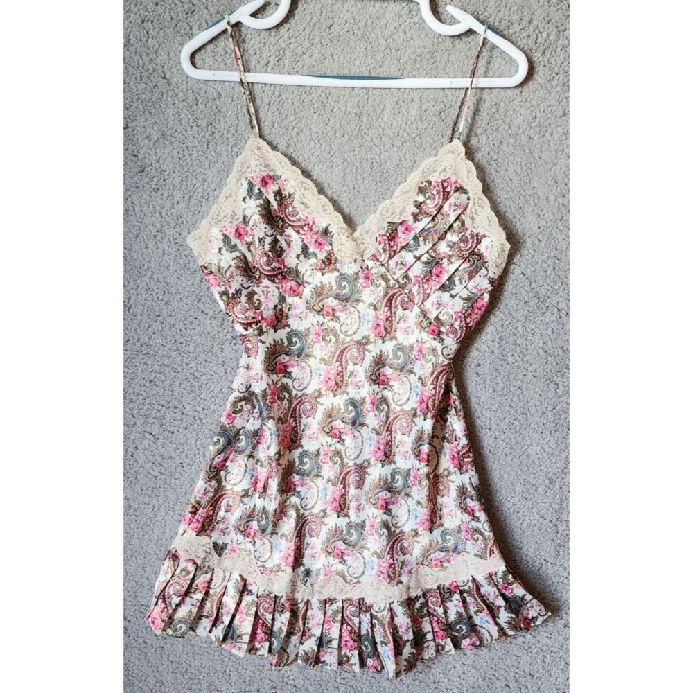 Vintage Victorias Secret Gold Label Pleated Paisley Satin Chemise Slip Gown Sz S